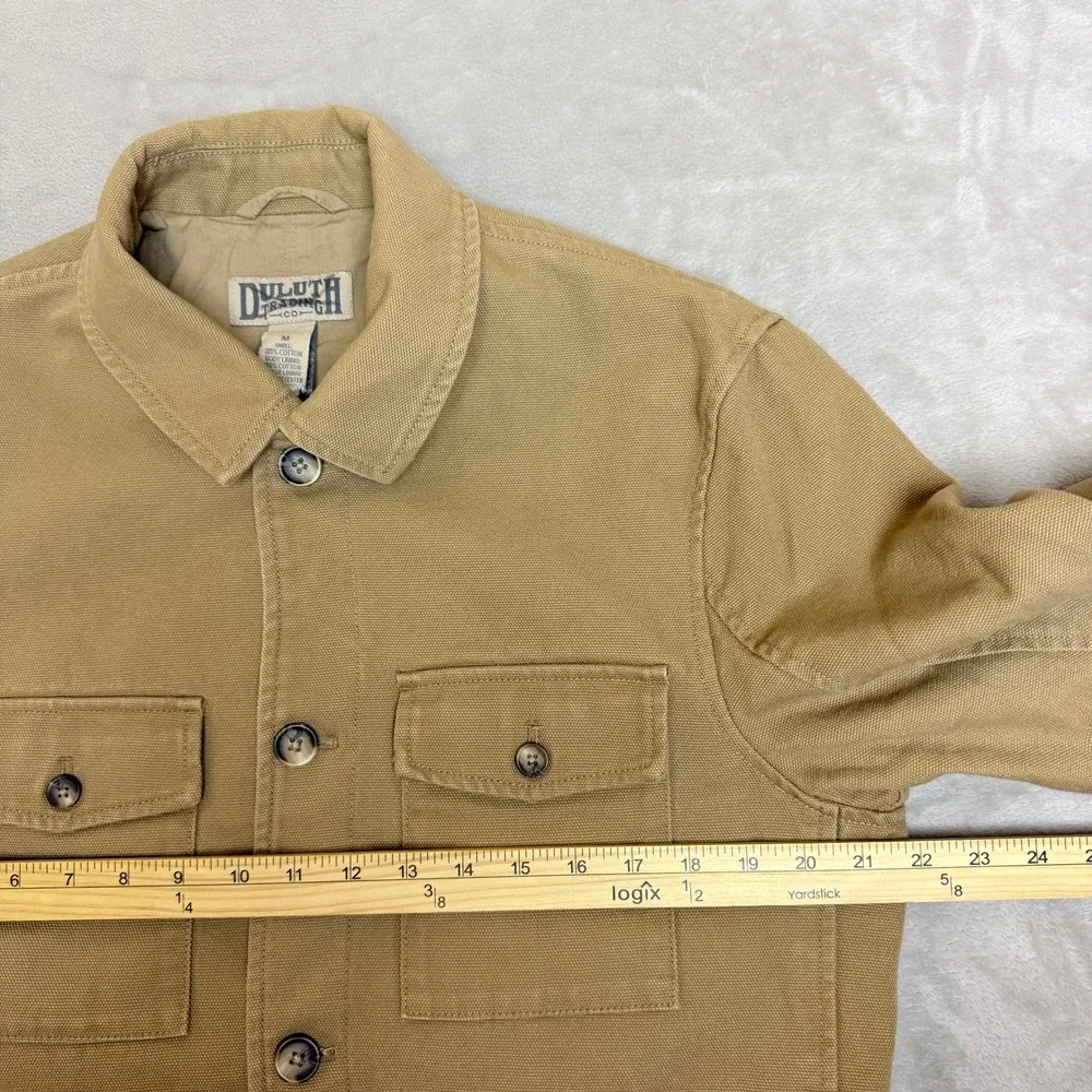 Duluth Trading Blazer Chore Jacket Men M Khaki Canvas Workwear Elbow Patch EUC